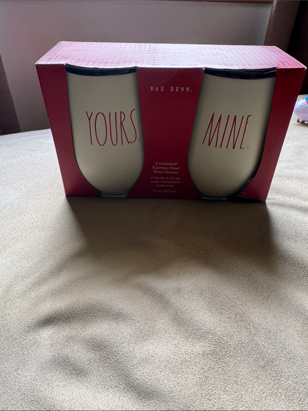 Rae Dunn White Insulated Wine Tumblers with Red Lettering - "Yours" & "Mine"
